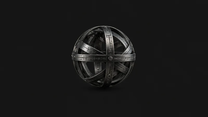 Abstract a spherical cage of interlocking cipher rings motif centred on a seamless deep charcoal near-black studio background, generous empty margin for overlaid branding