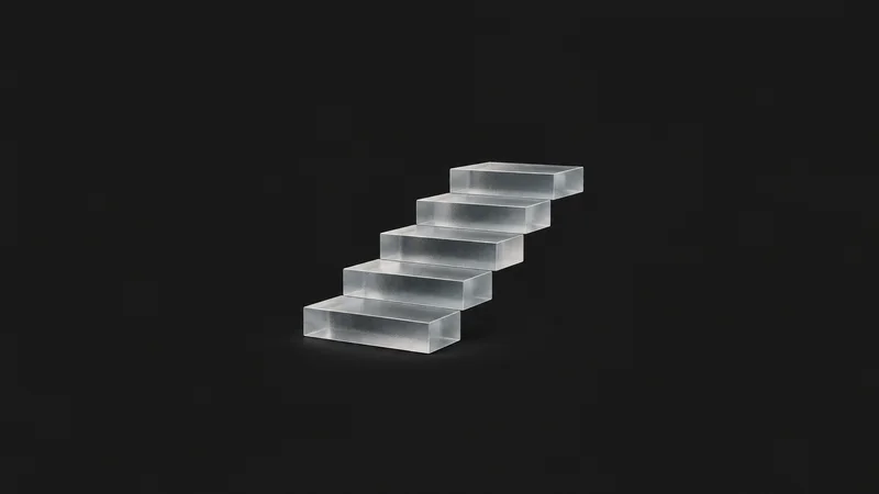 Abstract an ascending staircase of frosted glass deployment slabs motif centred on a seamless deep charcoal near-black studio background, generous empty margin for overlaid branding