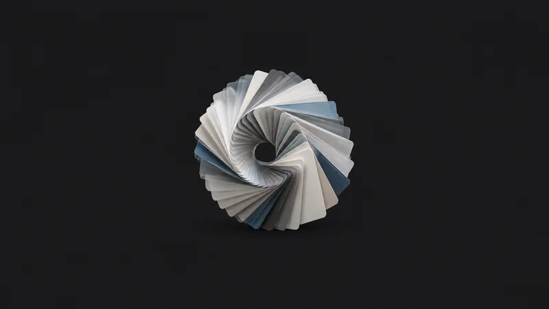 Abstract a spiral of layered record cards fading into light motif centred on a seamless deep charcoal near-black studio background, generous empty margin for overlaid branding