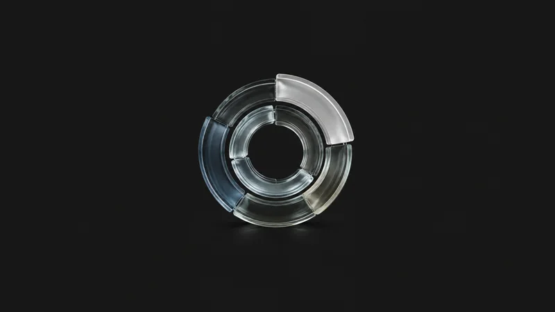 Abstract an audience-segment ring chart rendered as concentric glass bands motif centred on a seamless deep charcoal near-black studio background, generous empty margin for overlaid branding