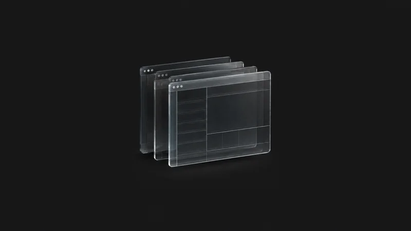 Abstract stacked translucent panels forming a terminal-like grid motif centred on a seamless deep charcoal near-black studio background, generous empty margin for overlaid branding