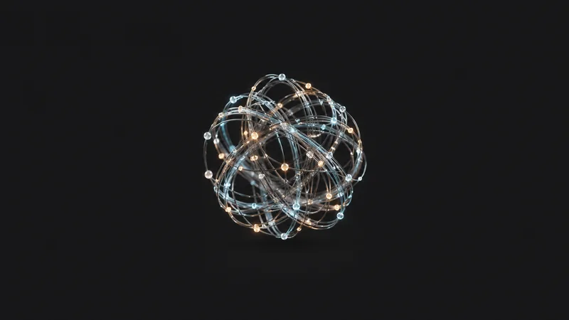 Abstract an intertwined lattice of glowing data streams motif centred on a seamless deep charcoal near-black studio background, generous empty margin for overlaid branding