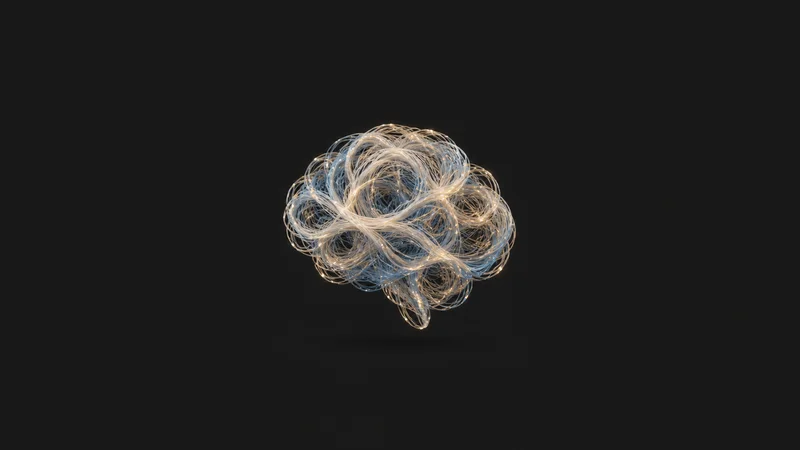 Abstract a brain-like knot of luminous woven threads motif centred on a seamless deep charcoal near-black studio background, generous empty margin for overlaid branding