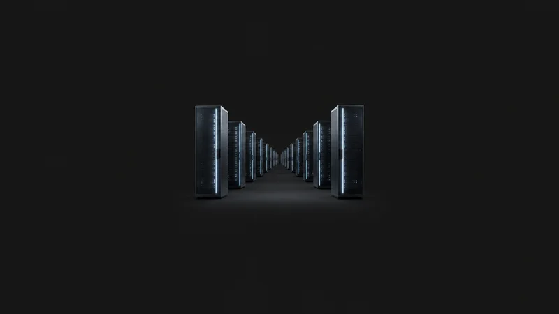 Abstract parallel rows of glowing server-like slabs receding to a vanishing point motif centred on a seamless deep charcoal near-black studio background, generous empty margin for overlaid branding