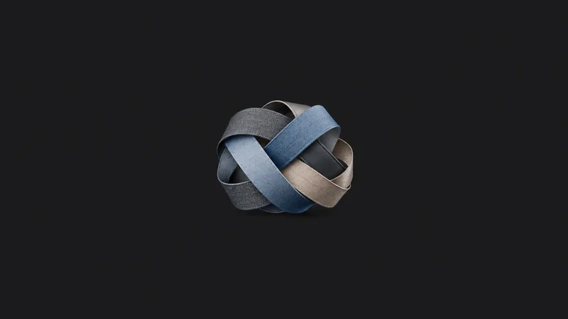 Abstract a stacked ribbon of layered timelines woven into a braid motif centred on a seamless deep charcoal near-black studio background, generous empty margin for overlaid branding