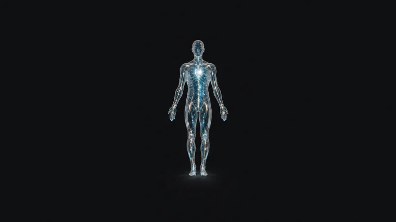 Abstract a translucent human-silhouette outline filled with flowing points of light motif centred on a seamless deep charcoal near-black studio background, generous empty margin for overlaid branding