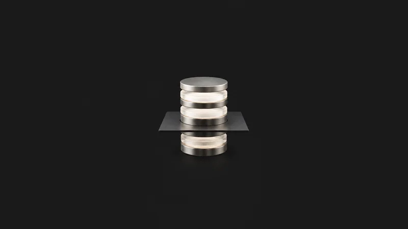 Abstract a column of stacked luminous seals rising through a dark plane motif centred on a seamless deep charcoal near-black studio background, generous empty margin for overlaid branding