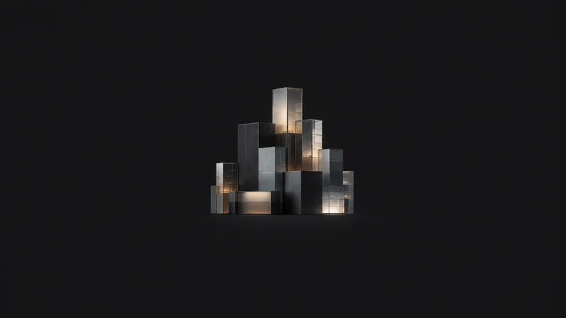 Abstract a skyline of stacked luminous rectangles receding into darkness motif centred on a seamless deep charcoal near-black studio background, generous empty margin for overlaid branding