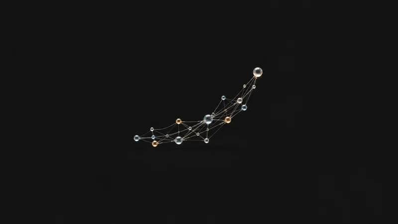 Abstract a scatter of luminous risk points connected into a rising curve motif centred on a seamless deep charcoal near-black studio background, generous empty margin for overlaid branding