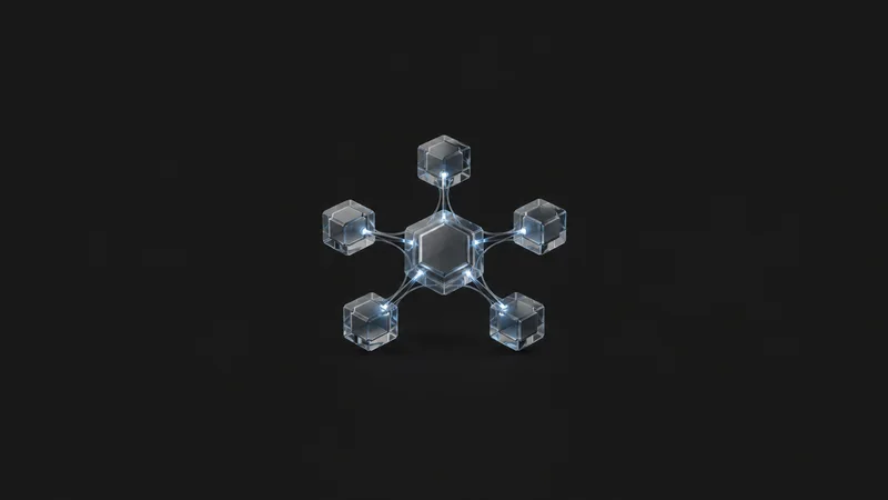 Abstract a network of translucent hexagonal hubs joined by streams of light motif centred on a seamless deep charcoal near-black studio background, generous empty margin for overlaid branding