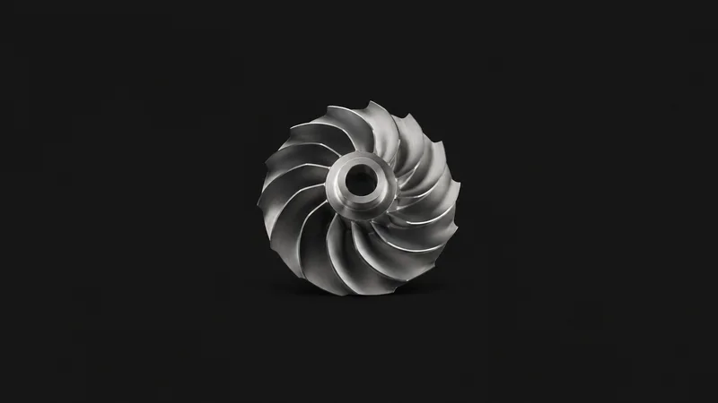 Abstract nested turbine-blade curves in brushed titanium motif centred on a seamless deep charcoal near-black studio background, generous empty margin for overlaid branding