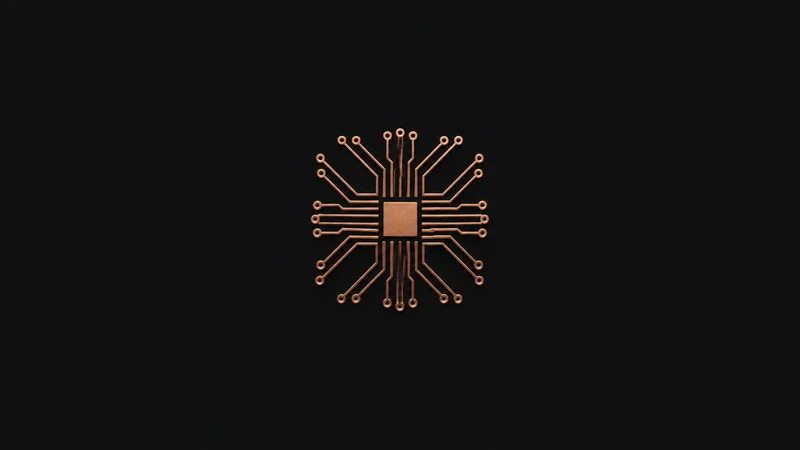 Abstract a grid of copper circuit traces radiating from a central pad motif centred on a seamless deep charcoal near-black studio background, generous empty margin for overlaid branding