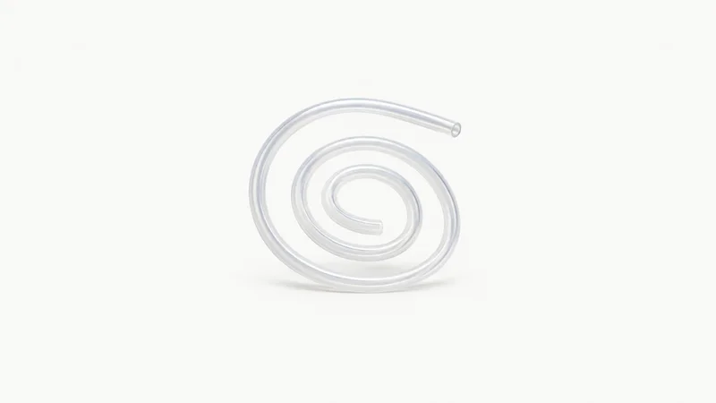 Abstract a spiral of catheter tubing in translucent white motif centred on a seamless pale off-white studio background, generous empty margin for overlaid branding