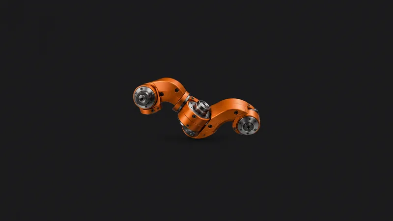 Abstract an articulated chain of robot-joint arcs in orange motif centred on a seamless deep charcoal near-black studio background, generous empty margin for overlaid branding