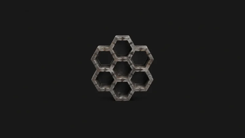Abstract a lattice of hexagonal cast-metal cells motif centred on a seamless deep charcoal near-black studio background, generous empty margin for overlaid branding