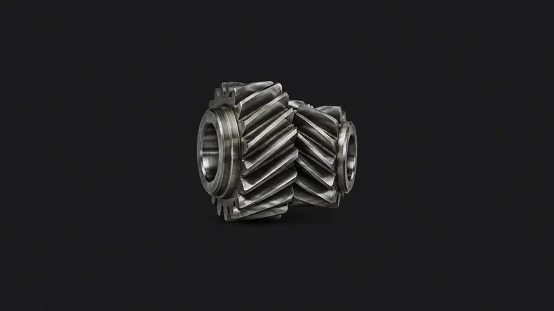 Abstract interlocking helical gear teeth in oiled steel motif centred on a seamless deep charcoal near-black studio background, generous empty margin for overlaid branding