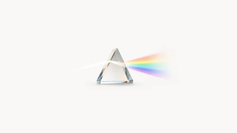 Abstract a fan of prism-split spectral bands motif centred on a seamless pale off-white studio background, generous empty margin for overlaid branding