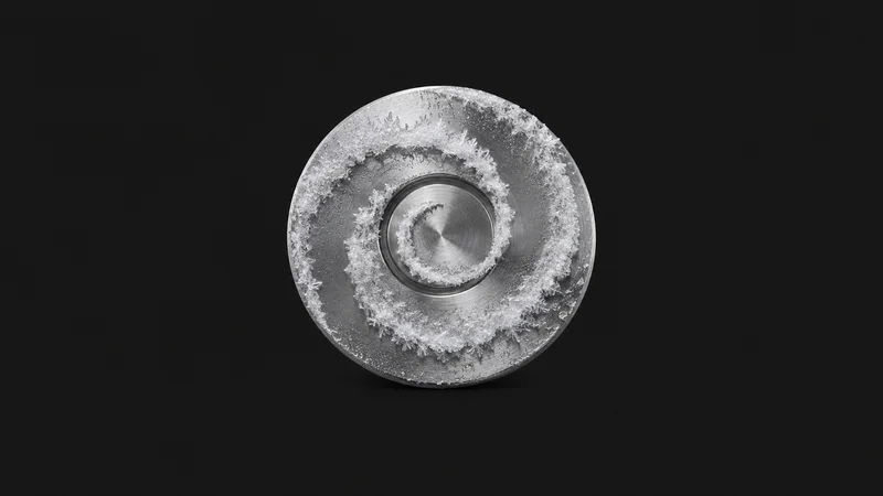 Abstract a spiral of frost crystals frozen across a stainless surface motif centred on a seamless deep charcoal near-black studio background, generous empty margin for overlaid branding