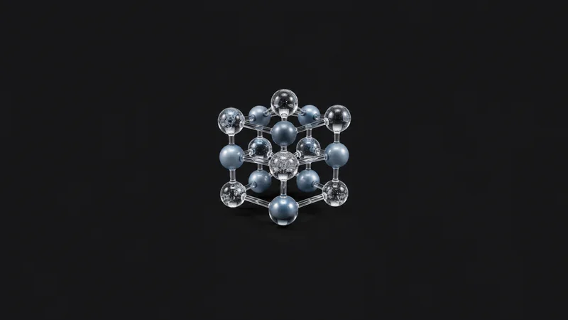 Abstract a crystalline lattice of molecular spheres in cool light motif centred on a seamless deep charcoal near-black studio background, generous empty margin for overlaid branding