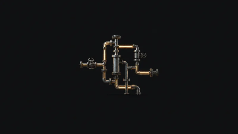 Abstract a branching network of pipes rendered as glowing lines in darkness motif centred on a seamless deep charcoal near-black studio background, generous empty margin for overlaid branding