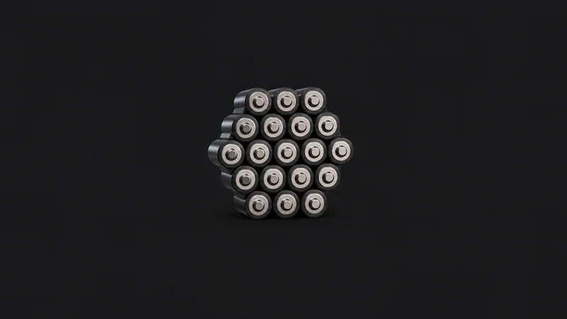 Abstract stacked hexagonal battery-cell honeycomb motif centred on a seamless deep charcoal near-black studio background, generous empty margin for overlaid branding