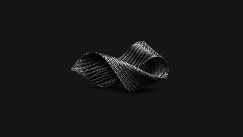 Abstract a twill weave of dark fibres flowing in soft light motif centred on a seamless deep charcoal near-black studio background, generous empty margin for overlaid branding