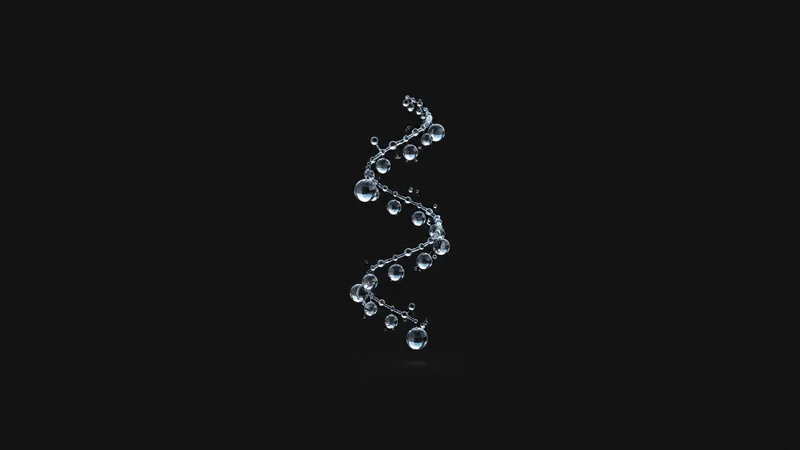 Abstract a helix of water droplets suspended in light motif centred on a seamless deep charcoal near-black studio background, generous empty margin for overlaid branding