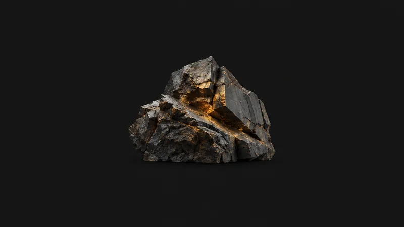 Abstract a fractured rock face rendered as facets in amber light motif centred on a seamless deep charcoal near-black studio background, generous empty margin for overlaid branding