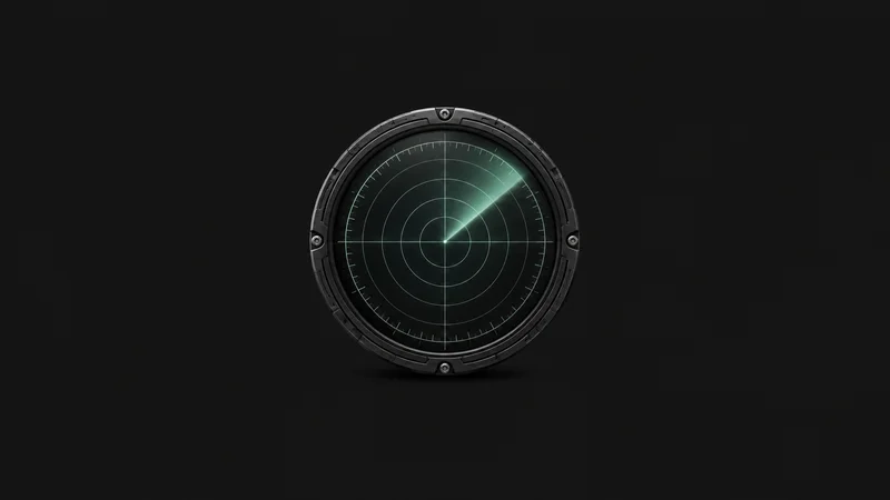 Abstract a radial sweep of radar rings glowing on a dark ground motif centred on a seamless deep charcoal near-black studio background, generous empty margin for overlaid branding
