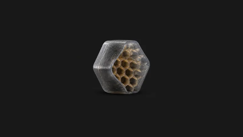 Abstract a honeycomb infill pattern seen edge-on through a translucent shell motif centred on a seamless deep charcoal near-black studio background, generous empty margin for overlaid branding