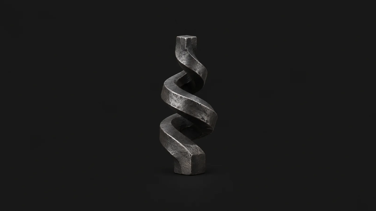 Abstract a spiralling twisted-square iron bar receding into shadow motif centred on a seamless deep charcoal near-black studio background, generous empty margin for overlaid branding