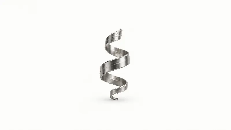 Abstract a spiralling helix of coiled machining swarf catching a highlight motif centred on a seamless pale off-white studio background, generous empty margin for overlaid branding