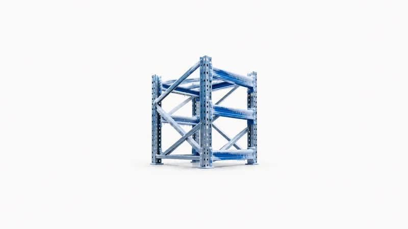 Abstract a lattice of frosted pallet-rack beams under deep blue cold-store light motif centred on a seamless pale off-white studio background, generous empty margin for overlaid branding