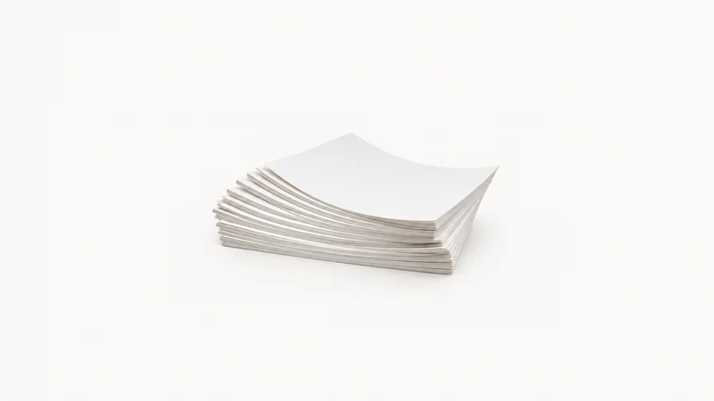 Abstract a stepped stack of press sheets fanned into a shallow arc motif centred on a seamless pale off-white studio background, generous empty margin for overlaid branding