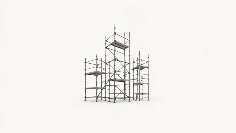 Abstract a skyline of scaffold-tube silhouettes in perspective motif centred on a seamless pale off-white studio background, generous empty margin for overlaid branding