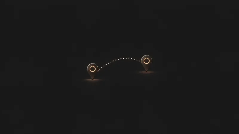 Abstract a dotted delivery route arcing between two glowing map pins motif centred on a seamless deep charcoal near-black studio background, generous empty margin for overlaid branding