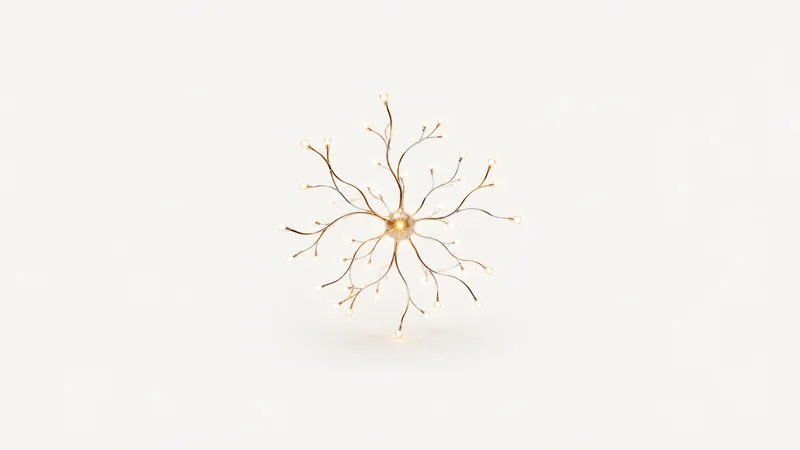 Abstract a branching web of glowing conductor lines meeting at a node motif centred on a seamless pale off-white studio background, generous empty margin for overlaid branding