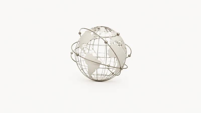 Abstract a globe outline wrapped in curving freight-route arcs motif centred on a seamless pale off-white studio background, generous empty margin for overlaid branding