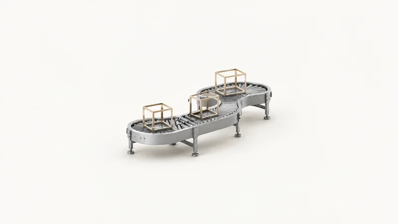 Abstract a conveyor ribbon looping through the frame carrying box outlines motif centred on a seamless pale off-white studio background, generous empty margin for overlaid branding