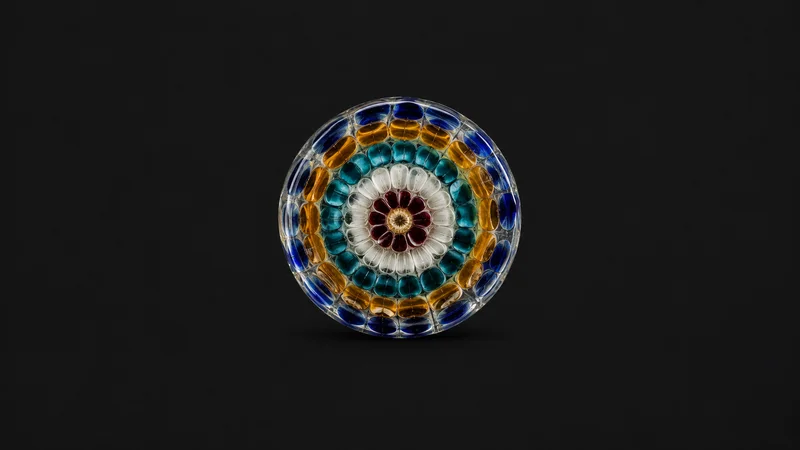 Abstract concentric rings of coloured glass cane in a millefiori pattern motif centred on a seamless deep charcoal near-black studio background, generous empty margin for overlaid branding