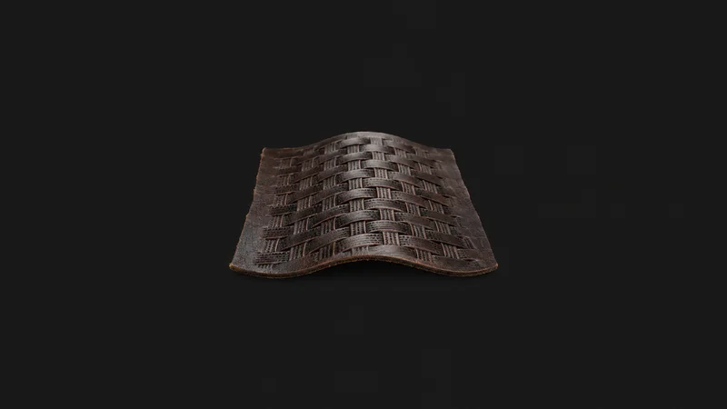 Abstract a basketweave stamp pattern receding in perspective across dark leather motif centred on a seamless deep charcoal near-black studio background, generous empty margin for overlaid branding
