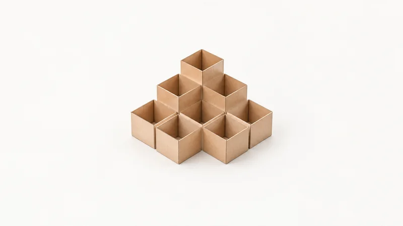 Abstract an isometric grid of shipping-carton outlines rising in tiers motif centred on a seamless pale off-white studio background, generous empty margin for overlaid branding