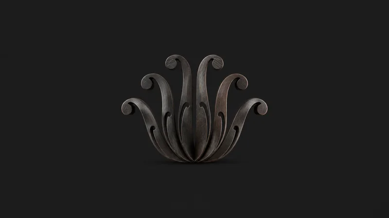 Abstract a fan of f-hole curves repeated in overlapping arcs motif centred on a seamless deep charcoal near-black studio background, generous empty margin for overlaid branding