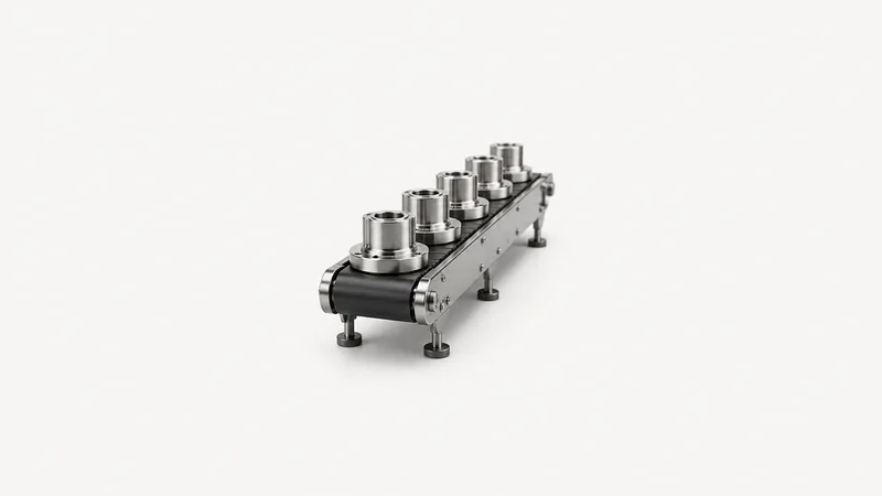 Abstract a conveyor ribbon of identical metal parts receding in perspective motif centred on a seamless pale off-white studio background, generous empty margin for overlaid branding