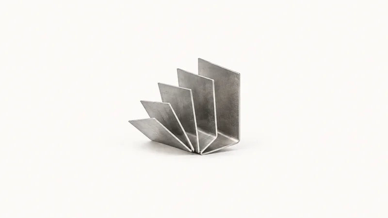 Abstract a fan of folded sheet-metal angles in graduated bends motif centred on a seamless pale off-white studio background, generous empty margin for overlaid branding