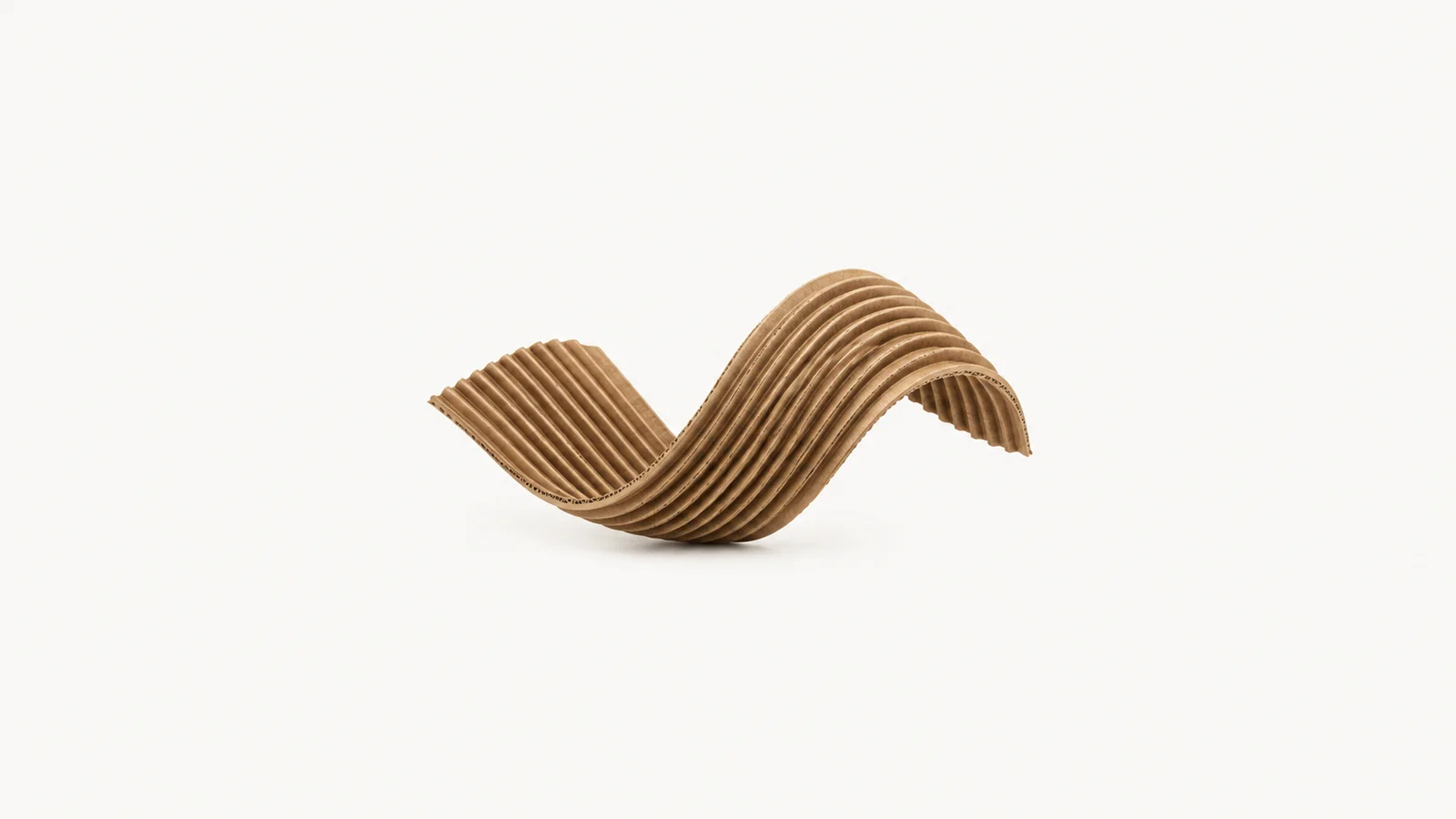Abstract a wave of parallel kraft flutes in raking light motif centred on a seamless pale off-white studio background, generous empty margin for overlaid branding