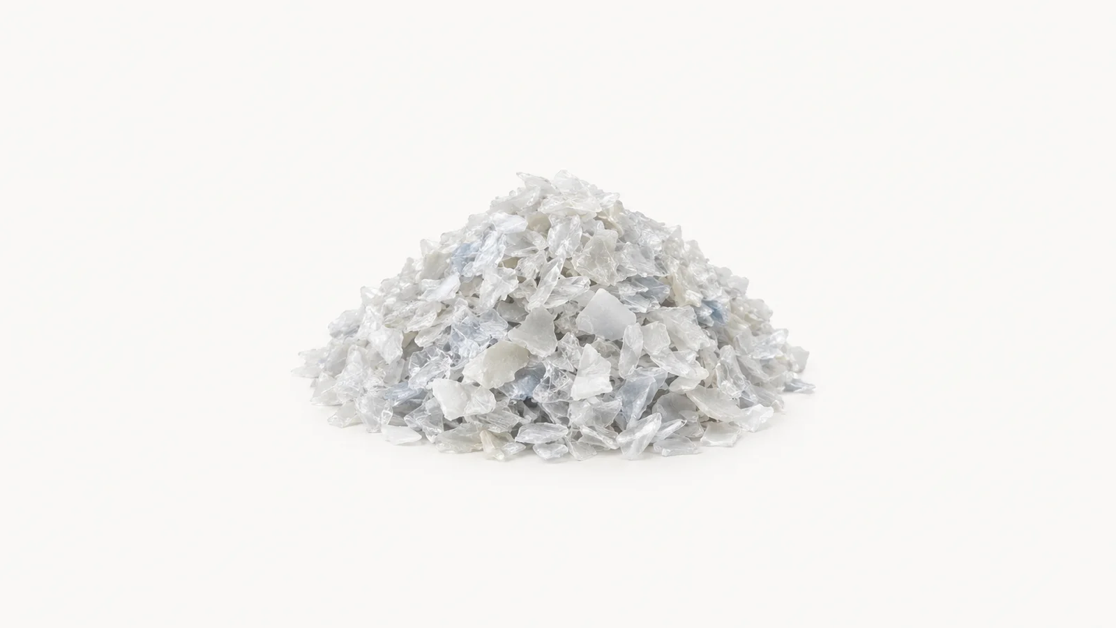 Abstract a dense mound of sorted plastic flakes in one colour motif centred on a seamless pale off-white studio background, generous empty margin for overlaid branding