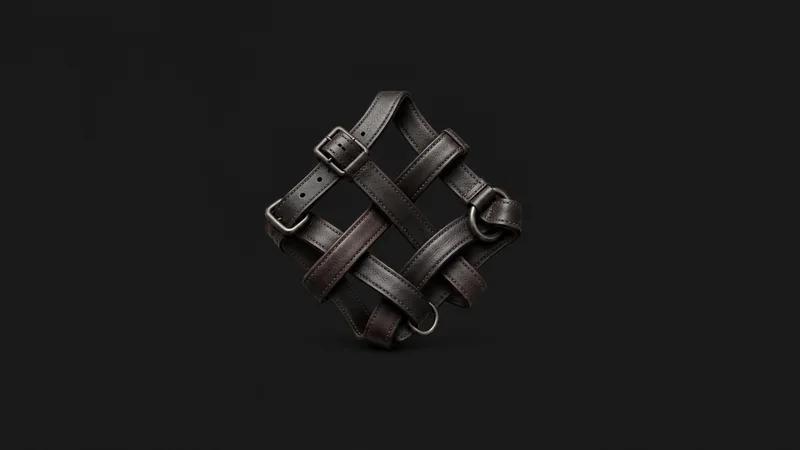 Abstract a cross-hatched pattern of overlapping bridle straps motif centred on a seamless deep charcoal near-black studio background, generous empty margin for overlaid branding