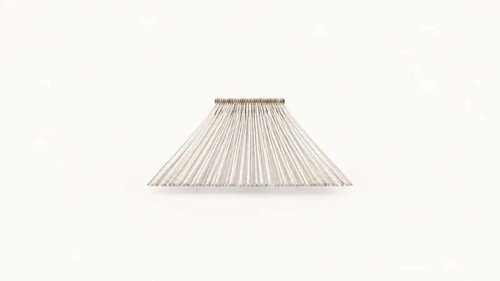 Abstract a taut array of parallel warp threads in perspective motif centred on a seamless pale off-white studio background, generous empty margin for overlaid branding
