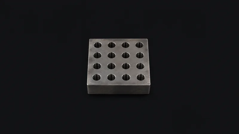 Abstract a grid of dowel-pin holes in ground steel motif centred on a seamless deep charcoal near-black studio background, generous empty margin for overlaid branding